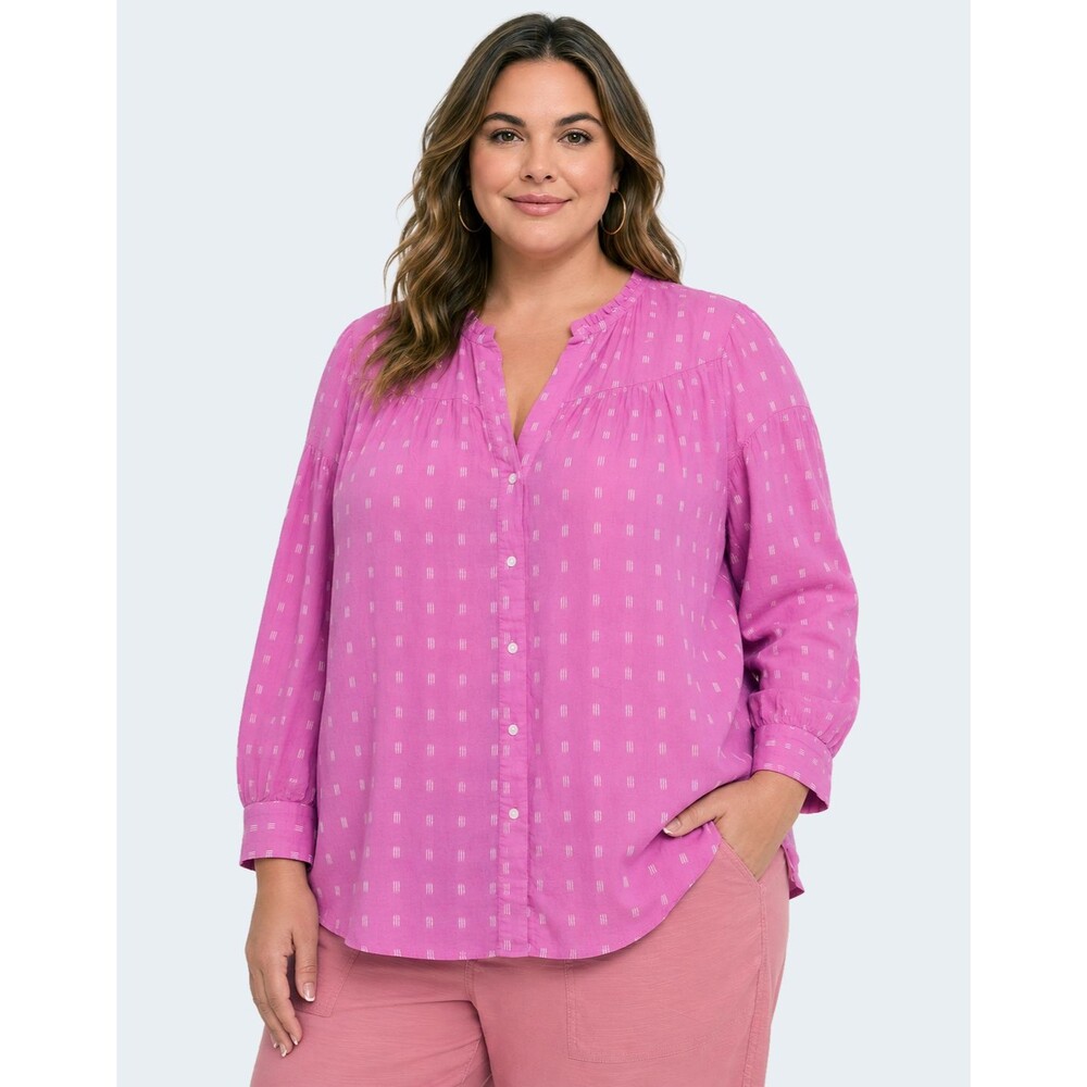 Lane Bryant Blouse Womens 16 Fuchsia Pink Ikat Print Button Front Peasant Boho